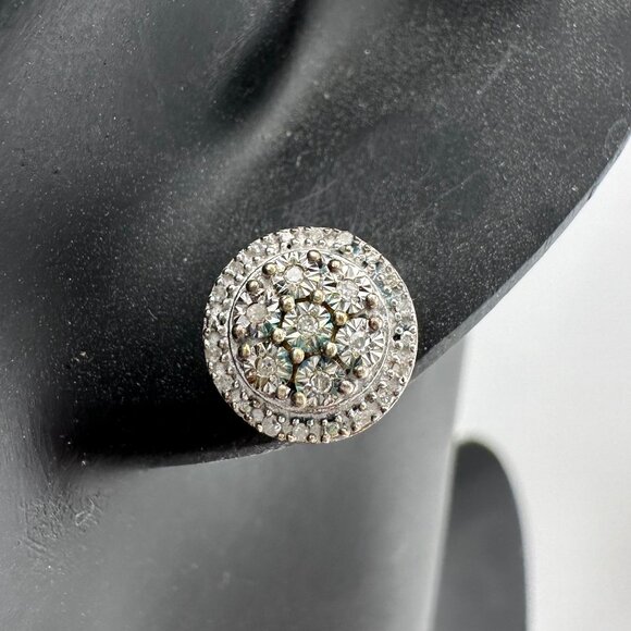Natural Diamond Halo Stud Earrings in Sterling Silver - Picture 3 of 14
